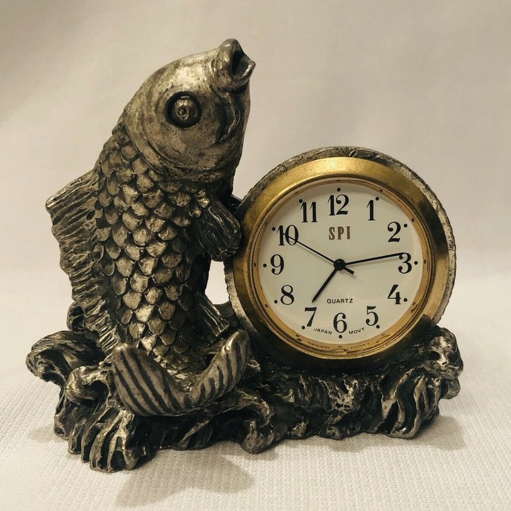 Vintage 1994 Pewter Fish Desk Clock